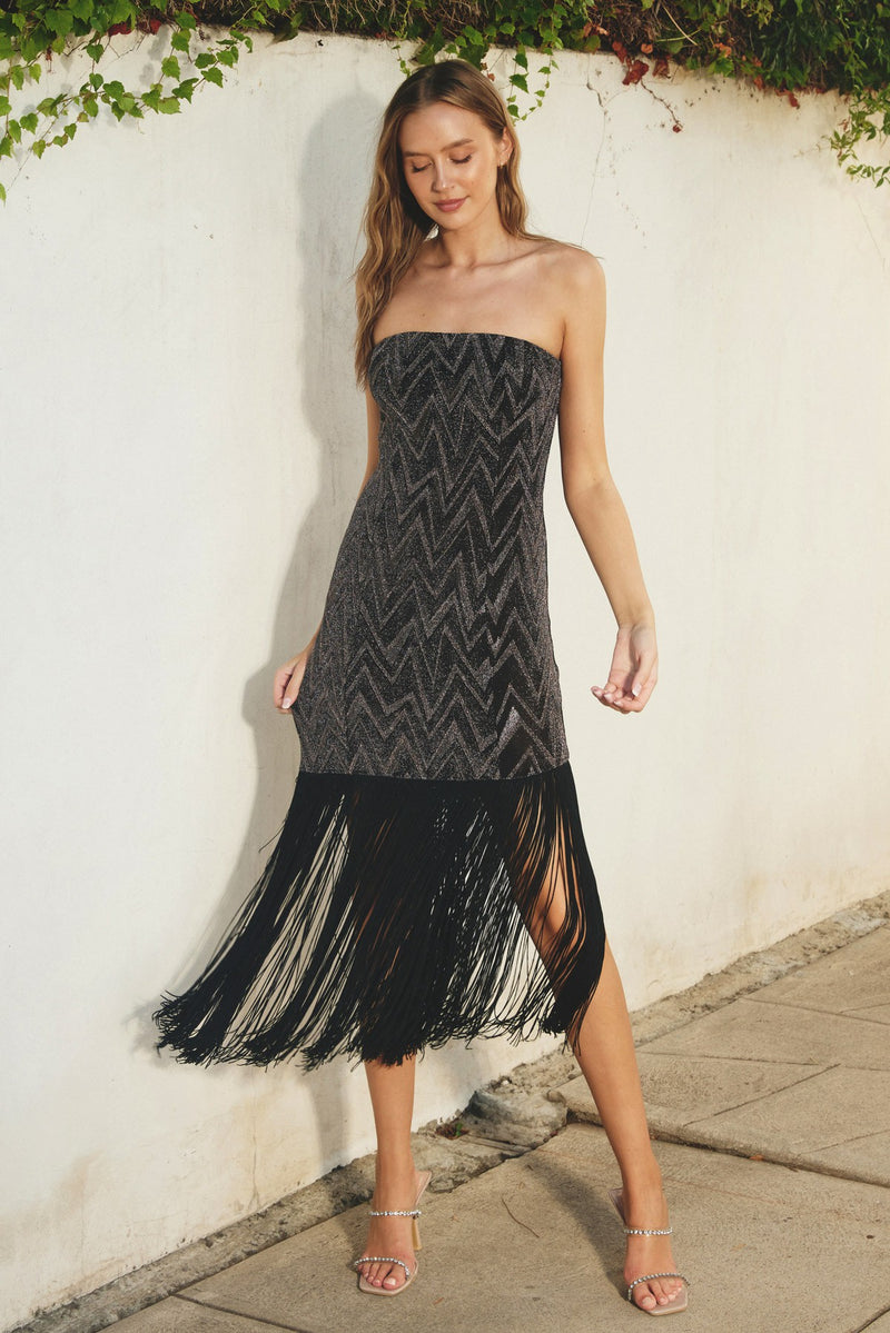 Zig Zag Fringe Strapless Dress