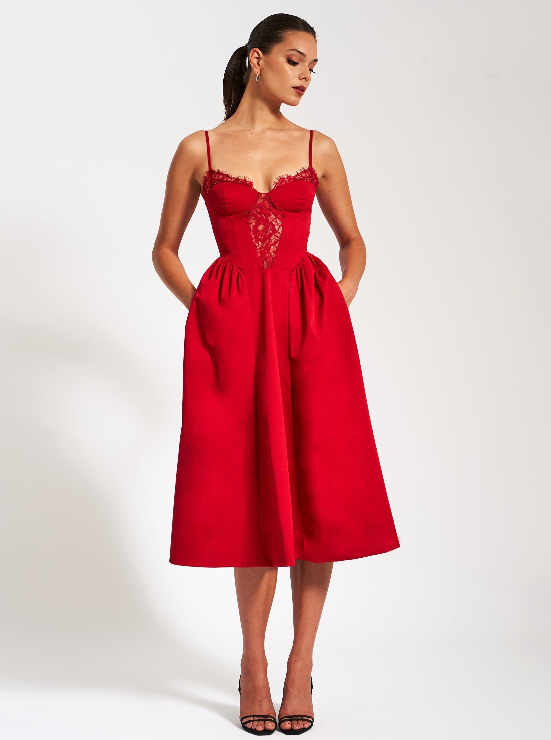 bloomingdales red lace dress Blossom Lace Ankle Gown Red