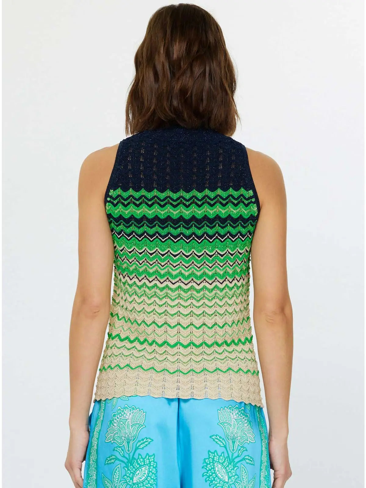 Chevron Stripe Sleeveless Knit Button Front Top