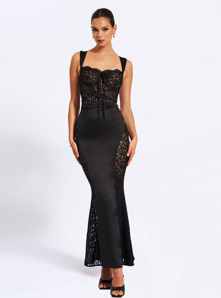 Black Lace and Satin Maxi Dress