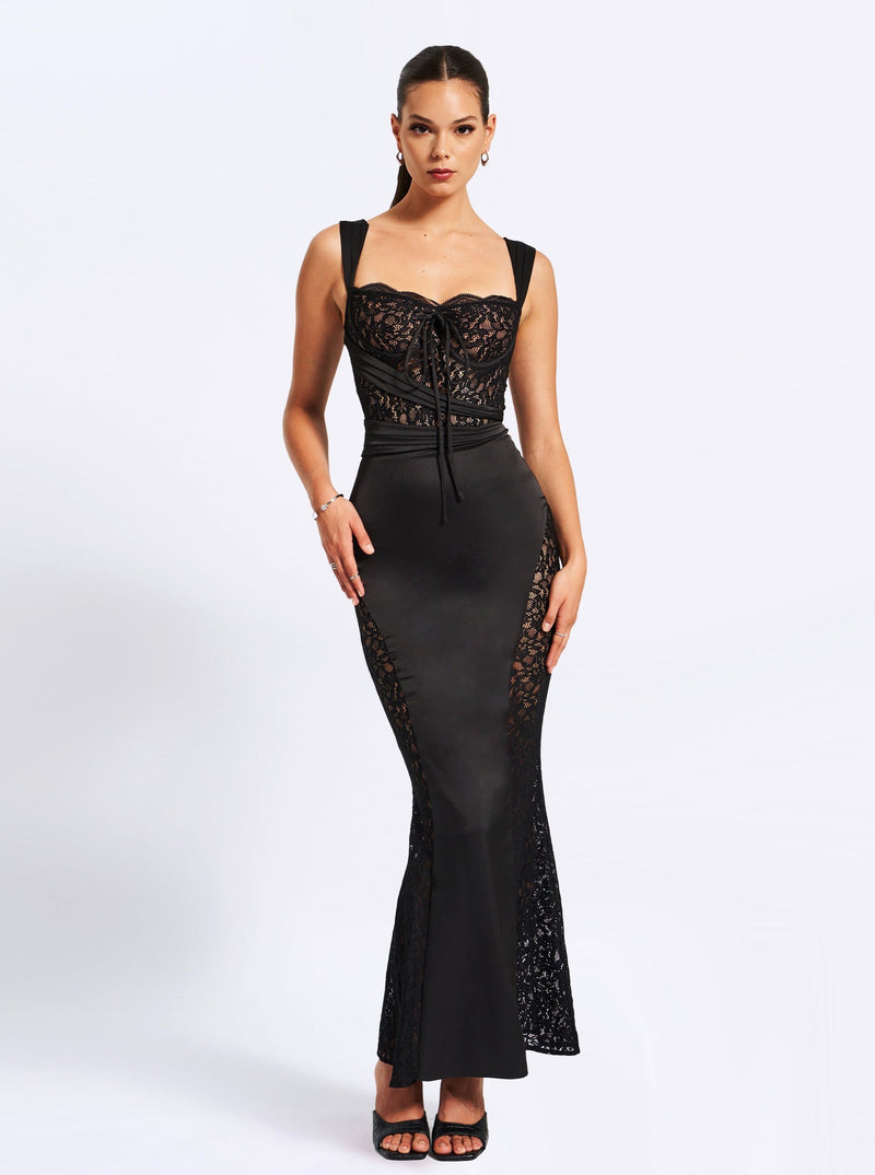 Black Lace and Satin Maxi Dress