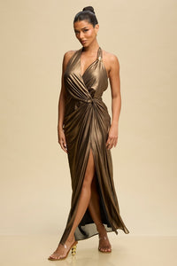 Bronze Metallic Draped Halter Maxi Dress with Front Slit