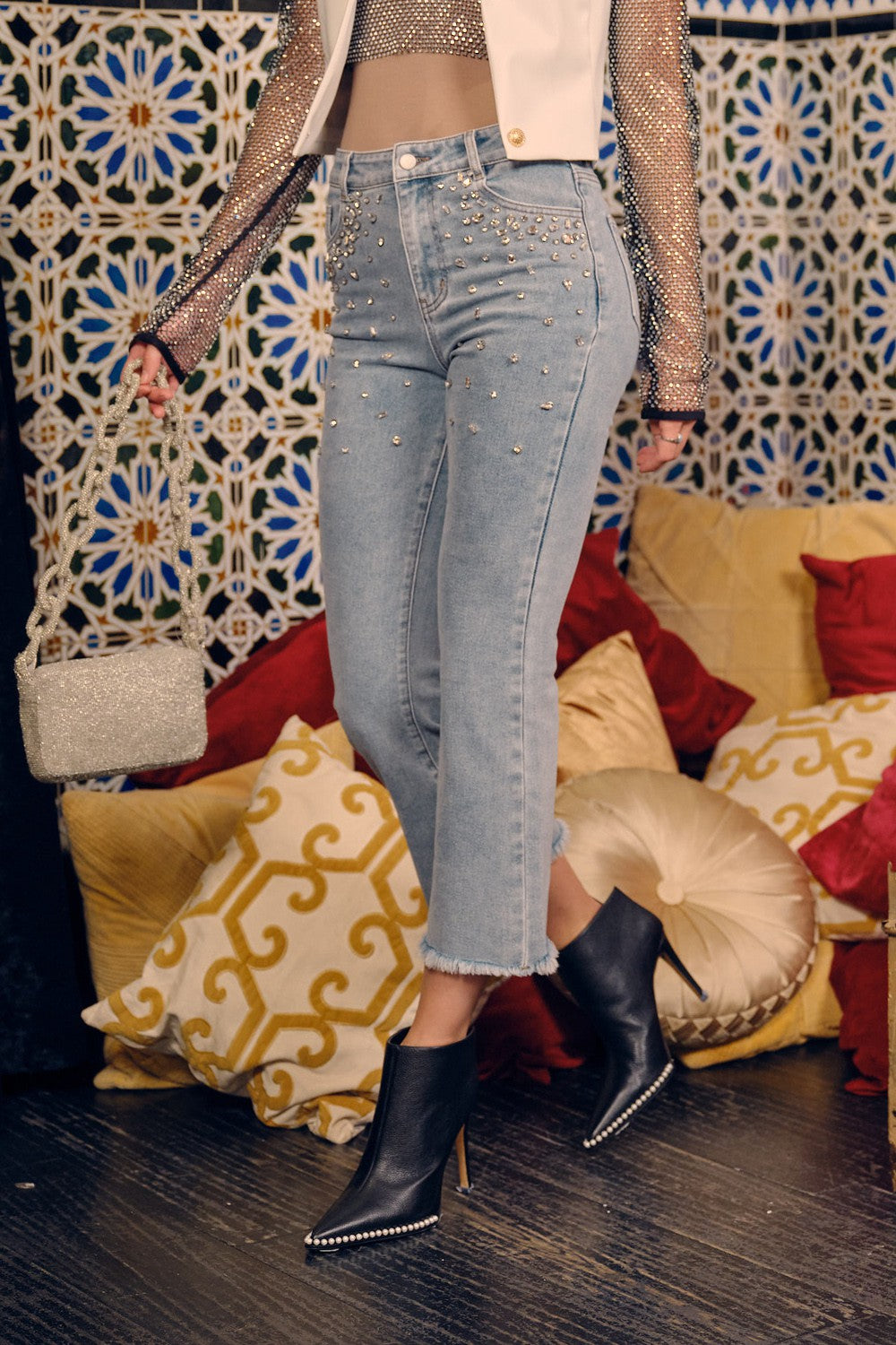 High Waisted Rhinestone Crop Stretch Denim Jeans