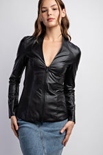 STRETCH FAUX LEATHER DUAL ZIP-UP JACKET