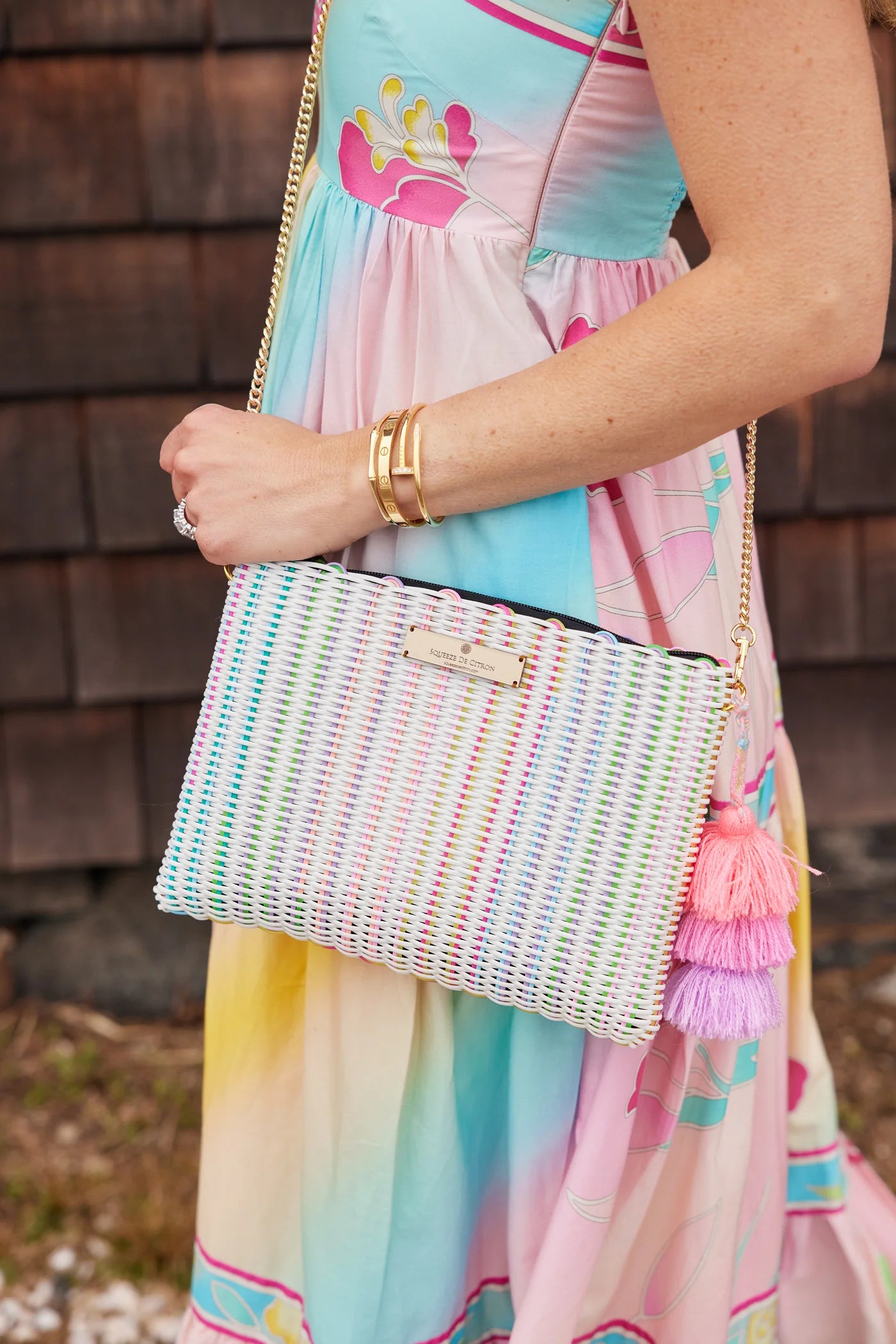 Rainbow Woven Crossbody Clutch Bag with Chain Strap and Tassel Detail