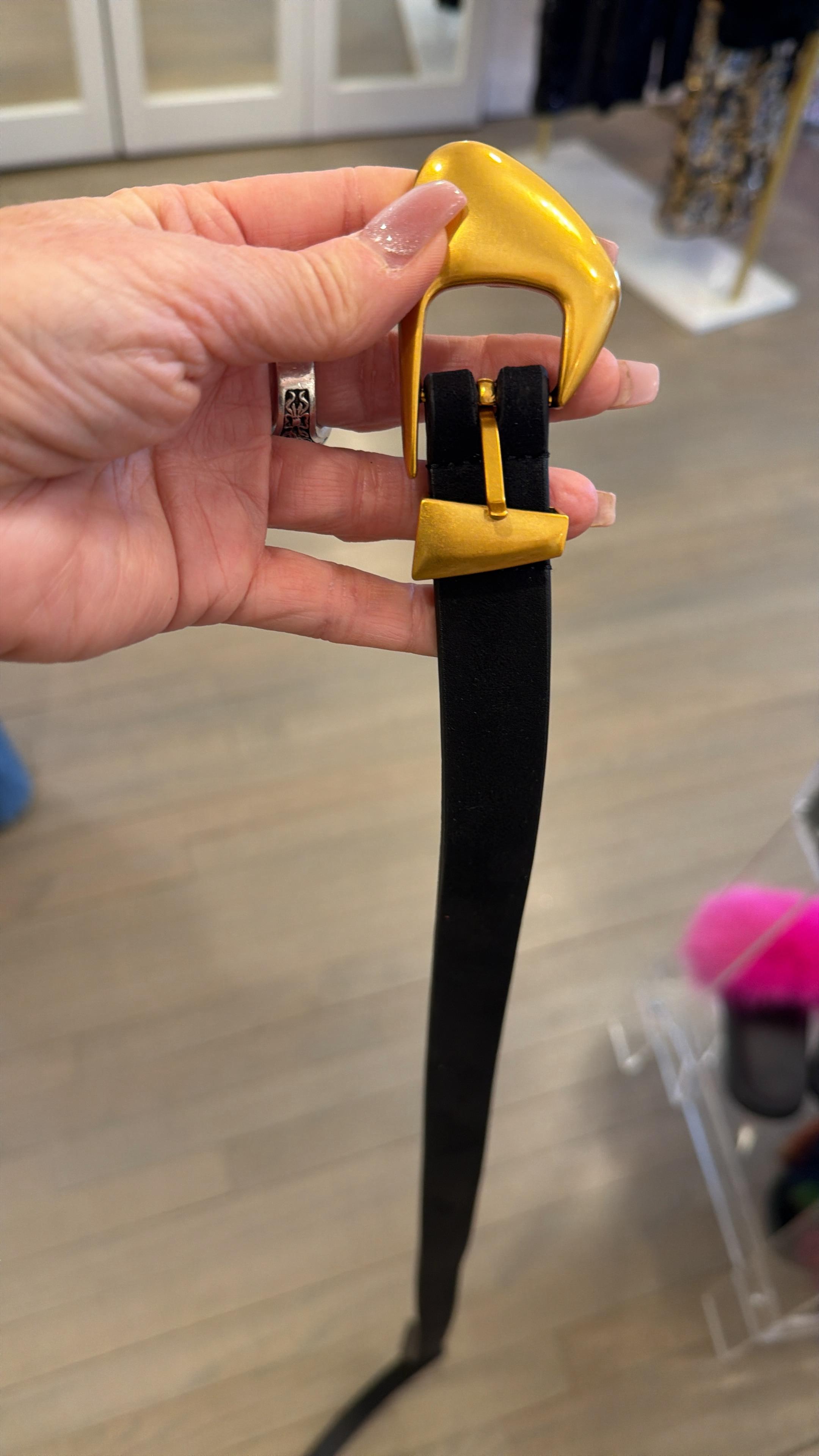 Black Suede Belt with Sculptural Gold Buckle