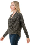 Black and Taupe Greek Key Print Wrap Front Top