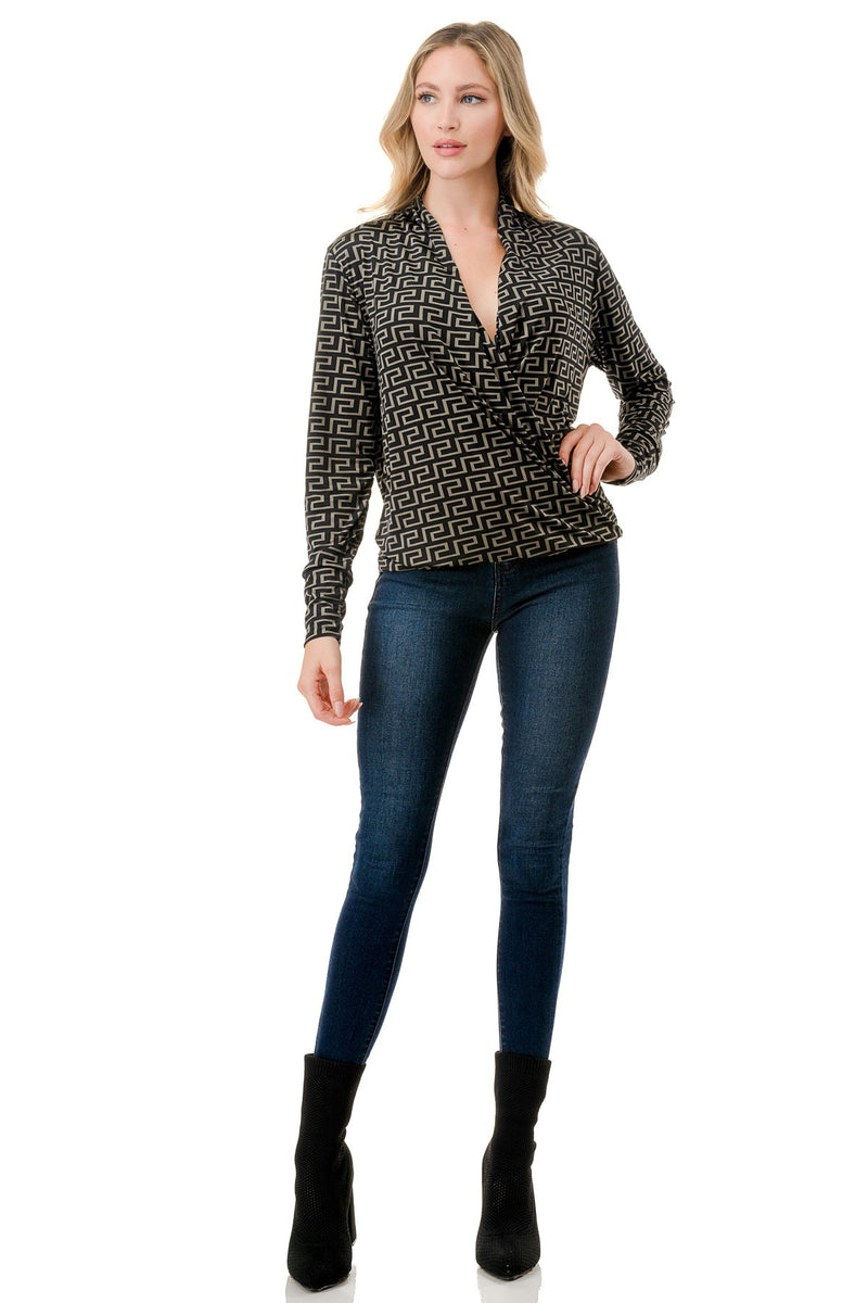 Black and Taupe Greek Key Print Wrap Front Top