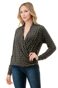 Black and Taupe Greek Key Print Wrap Front Top