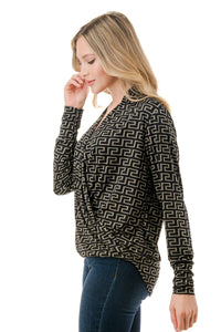 Black and Taupe Greek Key Print Wrap Front Top