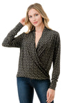 Black and Taupe Greek Key Print Wrap Front Top