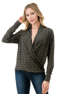 Black and Taupe Greek Key Print Wrap Front Top