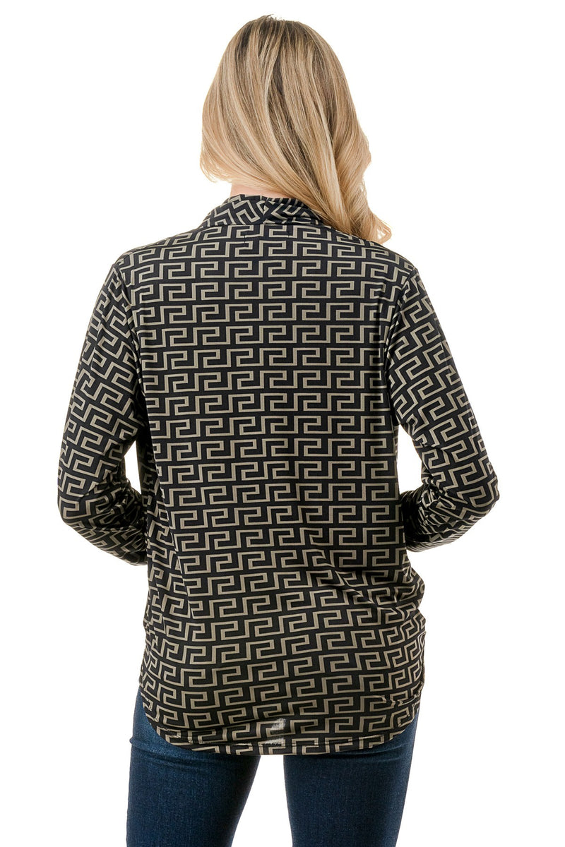 Black and Taupe Greek Key Print Wrap Front Top