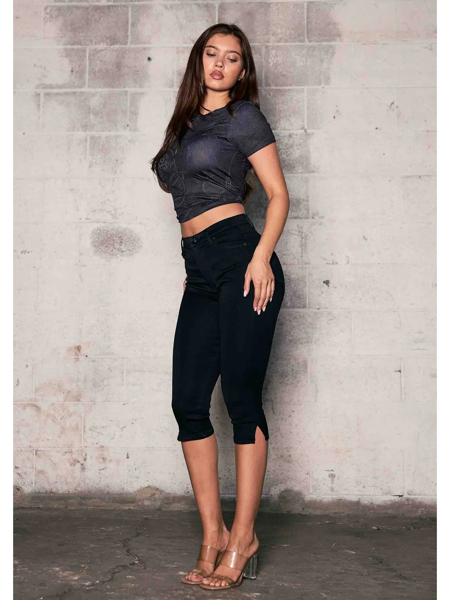 High-Rise Stretch Capri Pants with Side Slit Hem