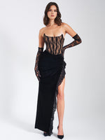 Black Lace Velvet Corset Side Slit Dress