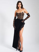 Black Lace Velvet Corset Side Slit Dress