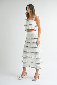 CONTRAST DETAIL RUFFLE KNIT TOP AND SKIRT SET