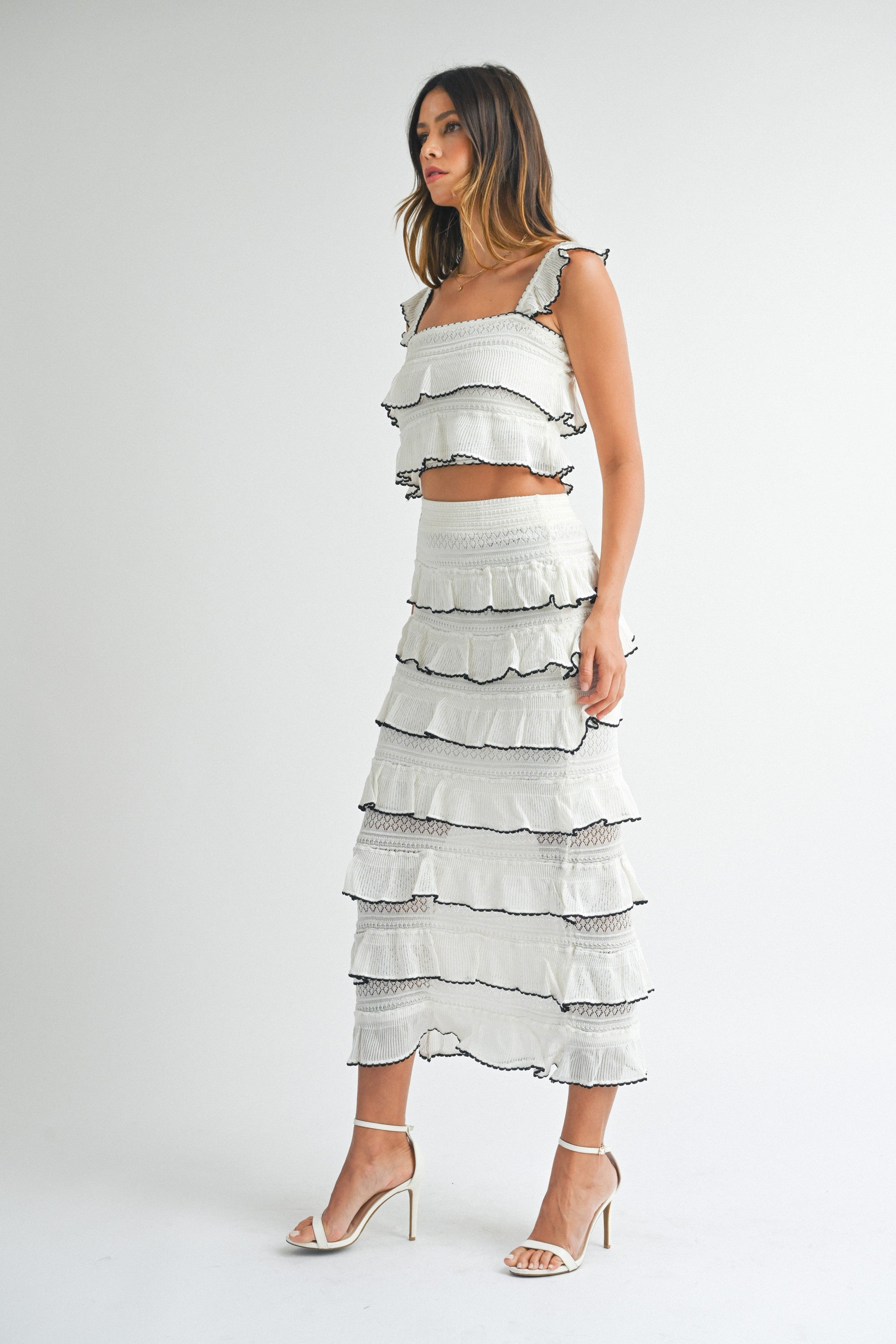 CONTRAST DETAIL RUFFLE KNIT TOP AND SKIRT SET