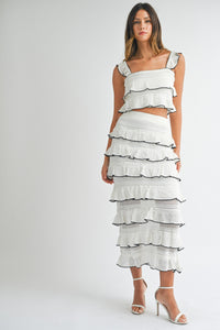 CONTRAST DETAIL RUFFLE KNIT TOP AND SKIRT SET