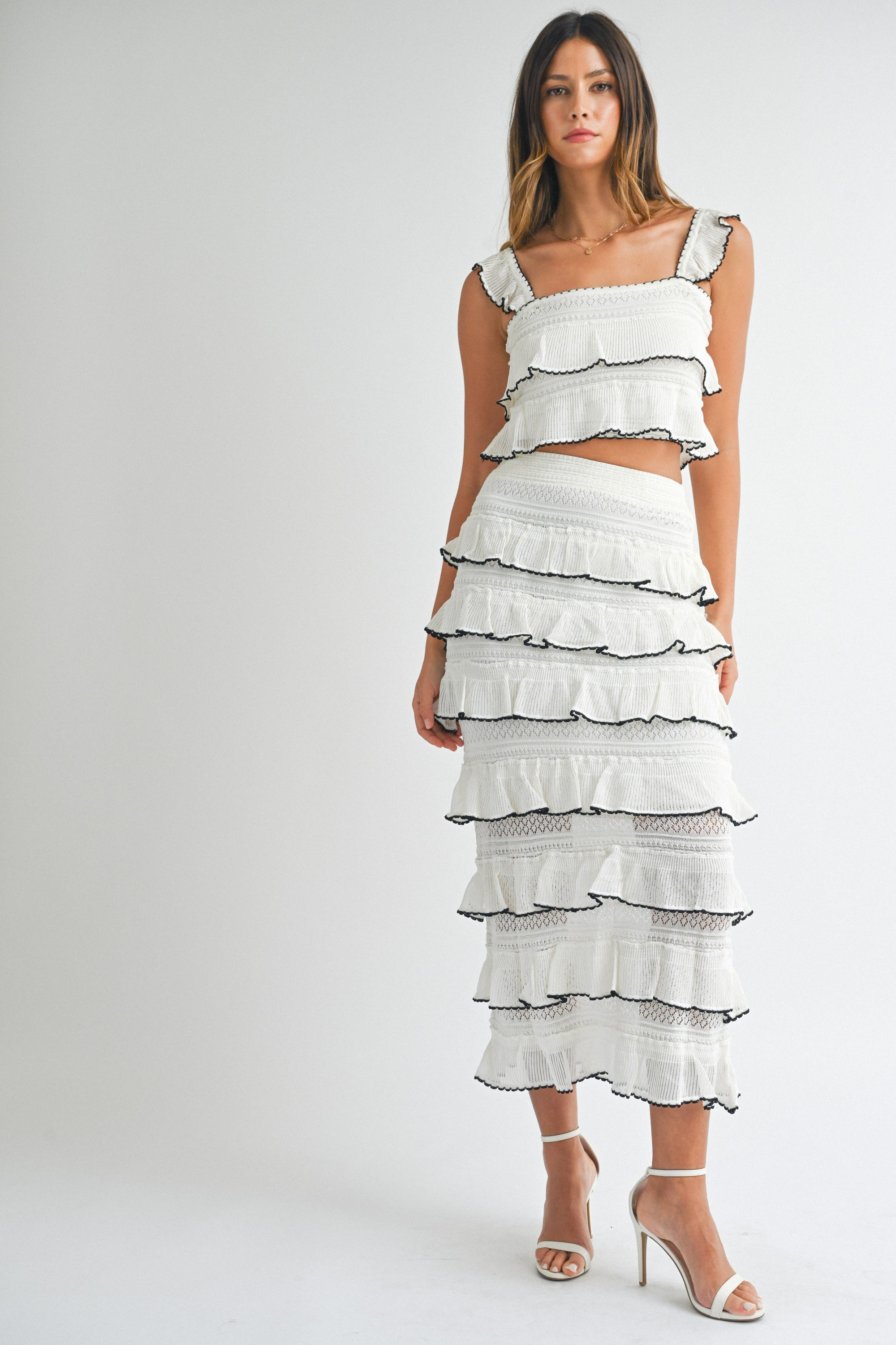 CONTRAST DETAIL RUFFLE KNIT TOP AND SKIRT SET