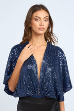 SEQUIN GLITTER PLUNGING NECK BELL SLEEVE BODYSUIT