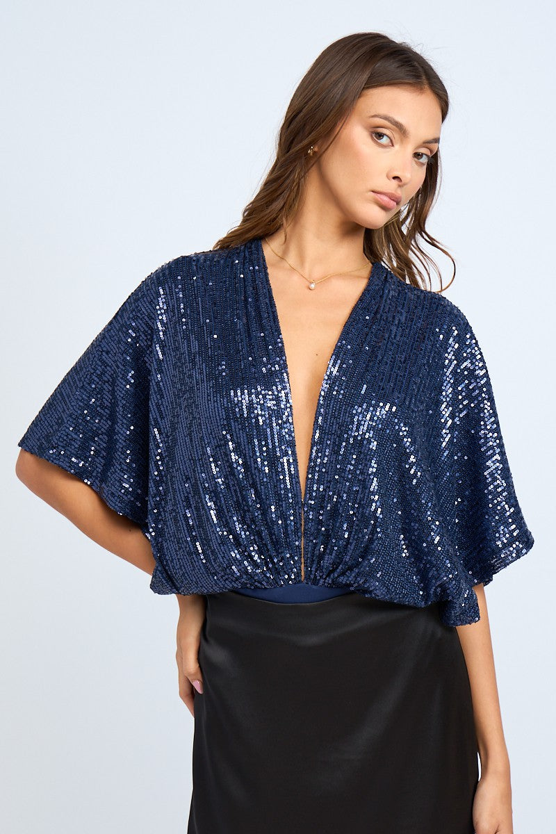 SEQUIN GLITTER PLUNGING NECK BELL SLEEVE BODYSUIT