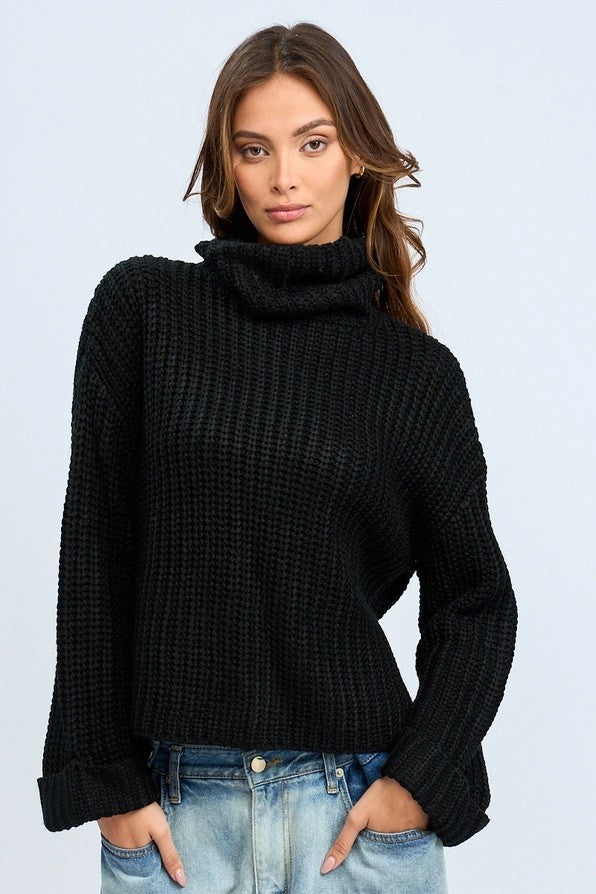 TURTLE NECK LONG SLEEVE CABLE KNIT SWEATER