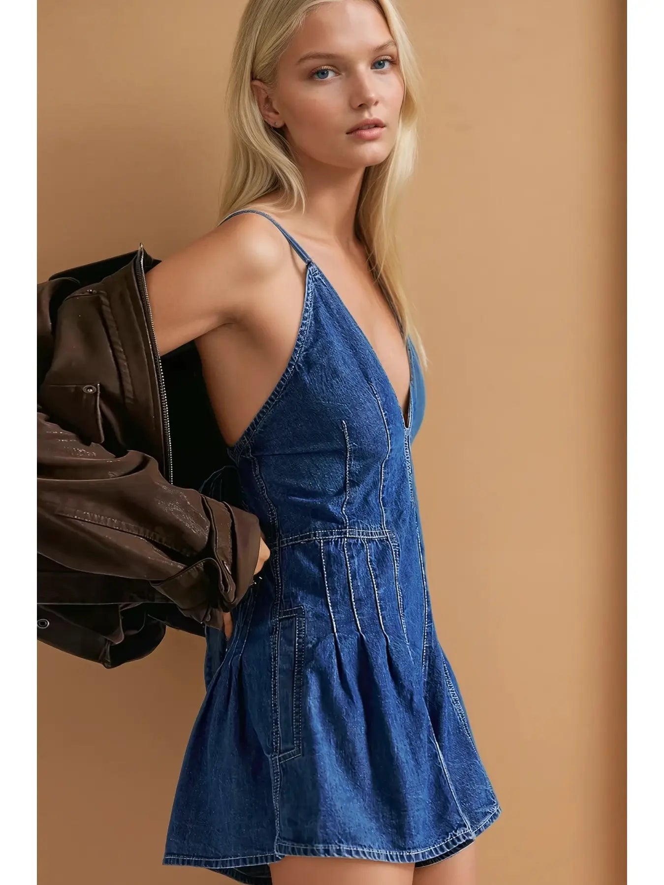 Denim Crisscross Back Tie Mini Romper