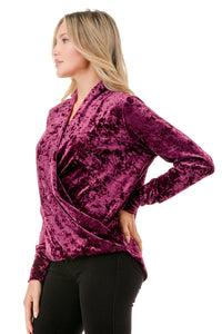 Red Crushed Velvet Wrap Front Long Sleeve Top