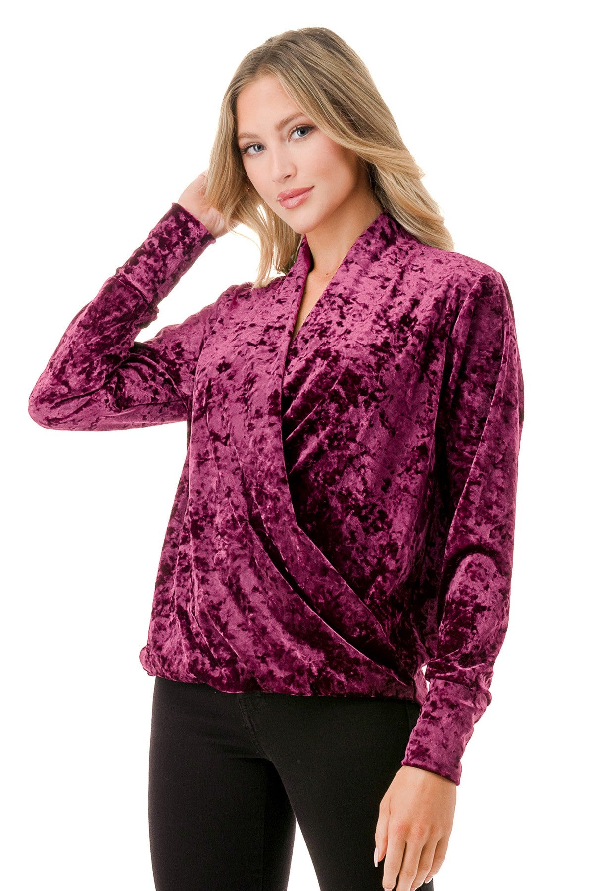 Red Crushed Velvet Wrap Front Long Sleeve Top – Amanda Jean NYC