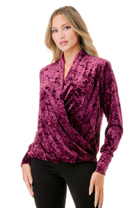 Red Crushed Velvet Wrap Front Long Sleeve Top