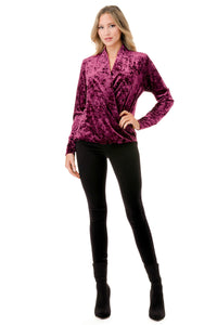 Red Crushed Velvet Wrap Front Long Sleeve Top