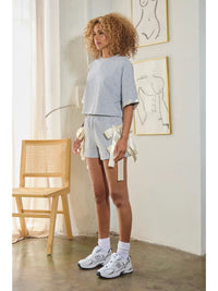Heather Gray Cropped Lounge Top with Satin Sleeve Trim