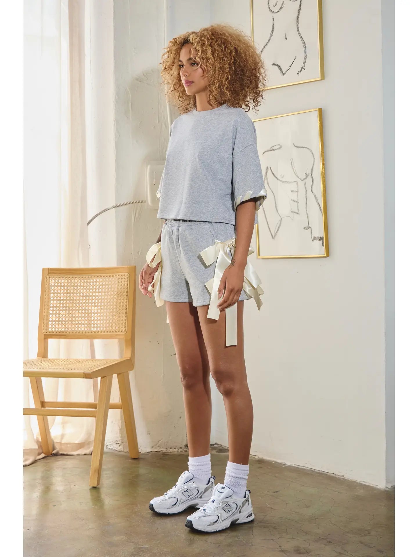 Heather Gray Cropped Lounge Top with Satin Sleeve Trim