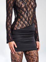 Black Lace Satin Long Sleeve Dress