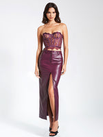 Purple Front Slit Faux Leather Skirt