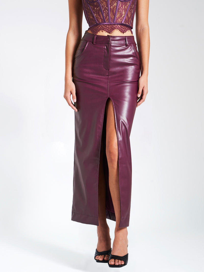 Purple Front Slit Faux Leather Skirt