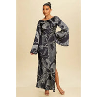 Printed Long Sleeve Open Back Maxi Dress Black