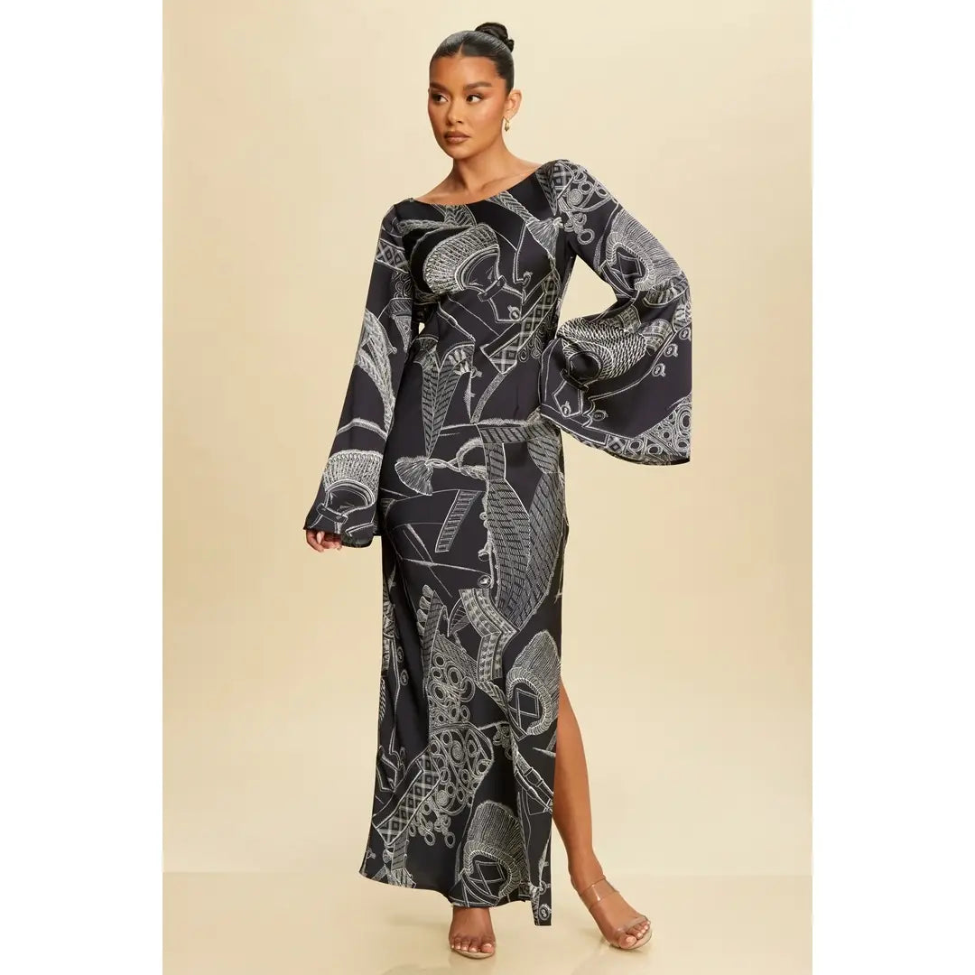 Printed Long Sleeve Open Back Maxi Dress Black