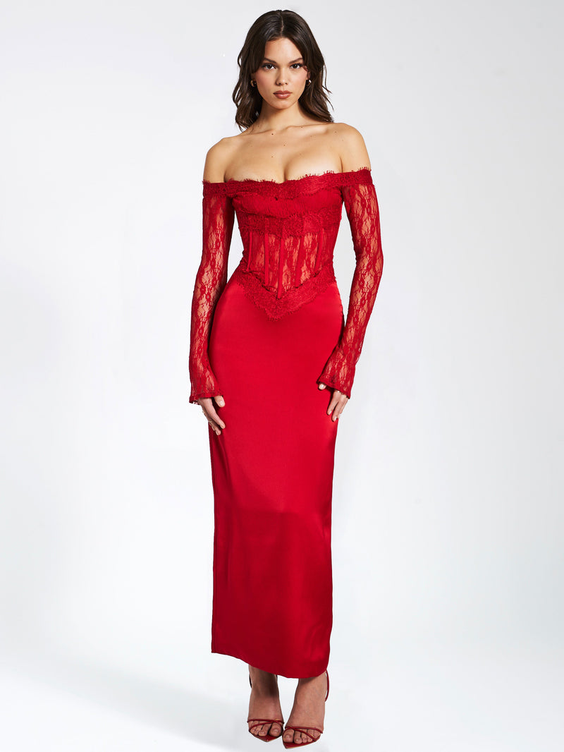 Red Lace Satin Corset Maxi Dress