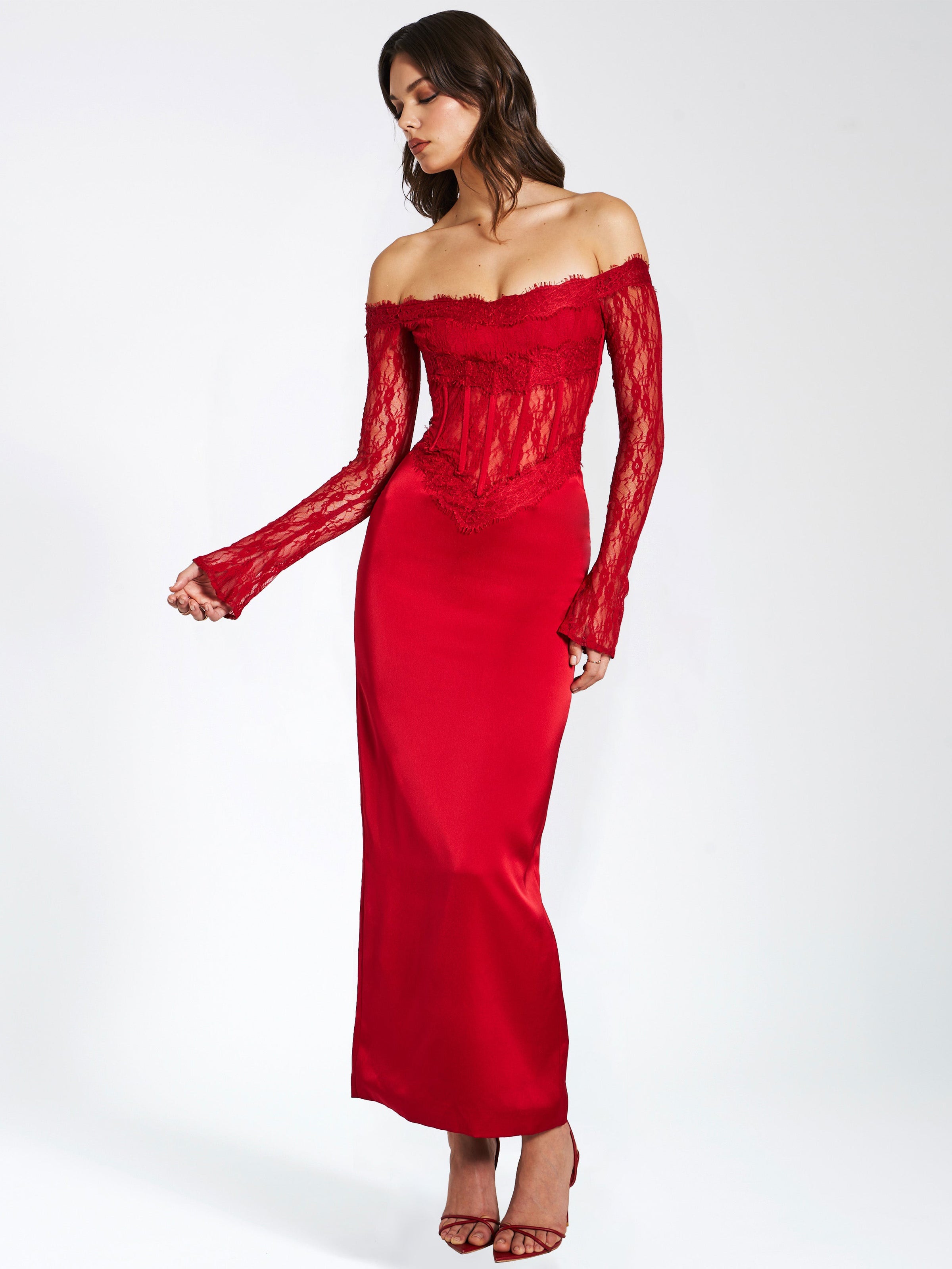 Red Lace Satin Corset Maxi Dress XXS / Red