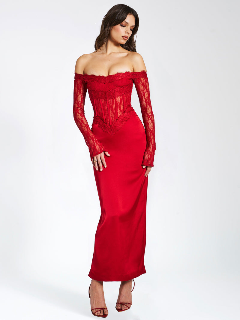 Red Lace Satin Corset Maxi Dress