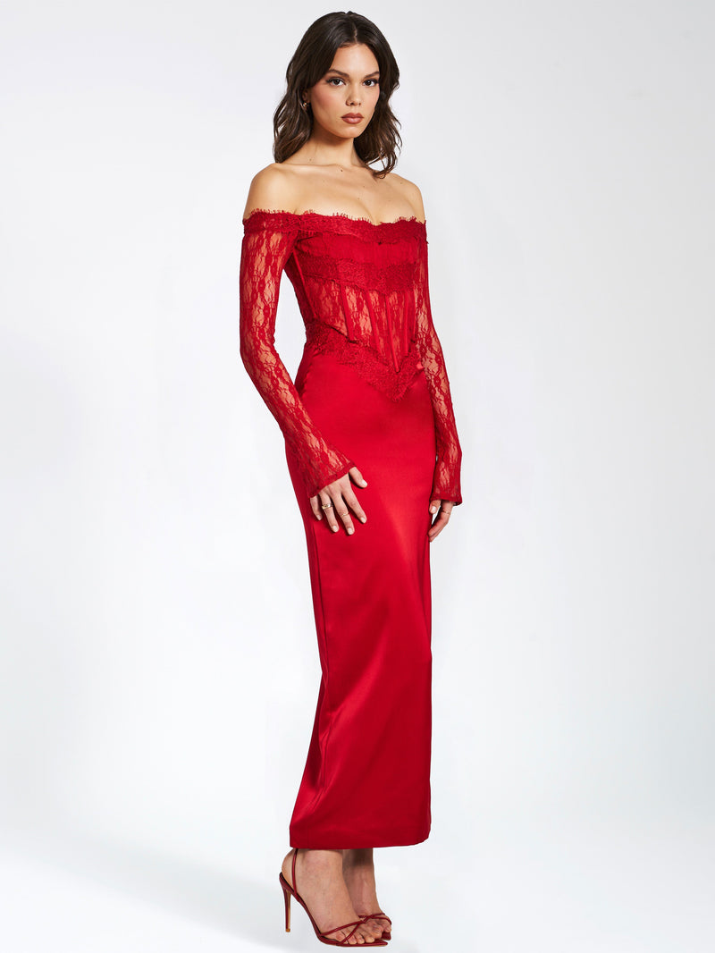 Red Lace Satin Corset Maxi Dress