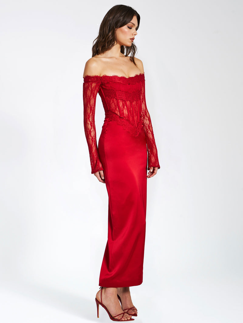 Red Lace Satin Corset Maxi Dress