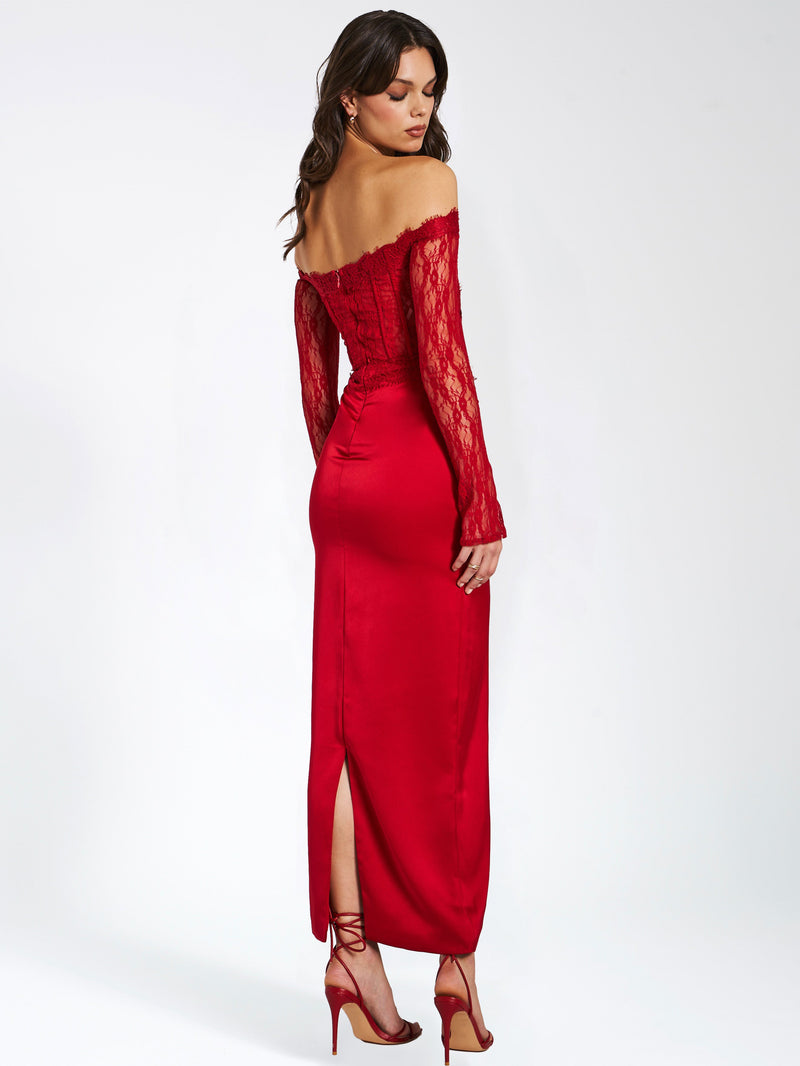 Red Lace Satin Corset Maxi Dress