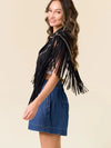 Black Fringe Cropped Western Shrug with Studded Trim