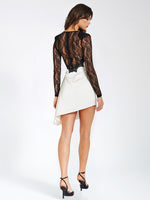 Black Lace Sleeve White Satin Midi Dress