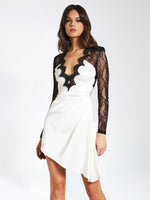 Black Lace Sleeve White Satin Midi Dress