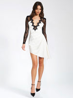 Black Lace Sleeve White Satin Midi Dress