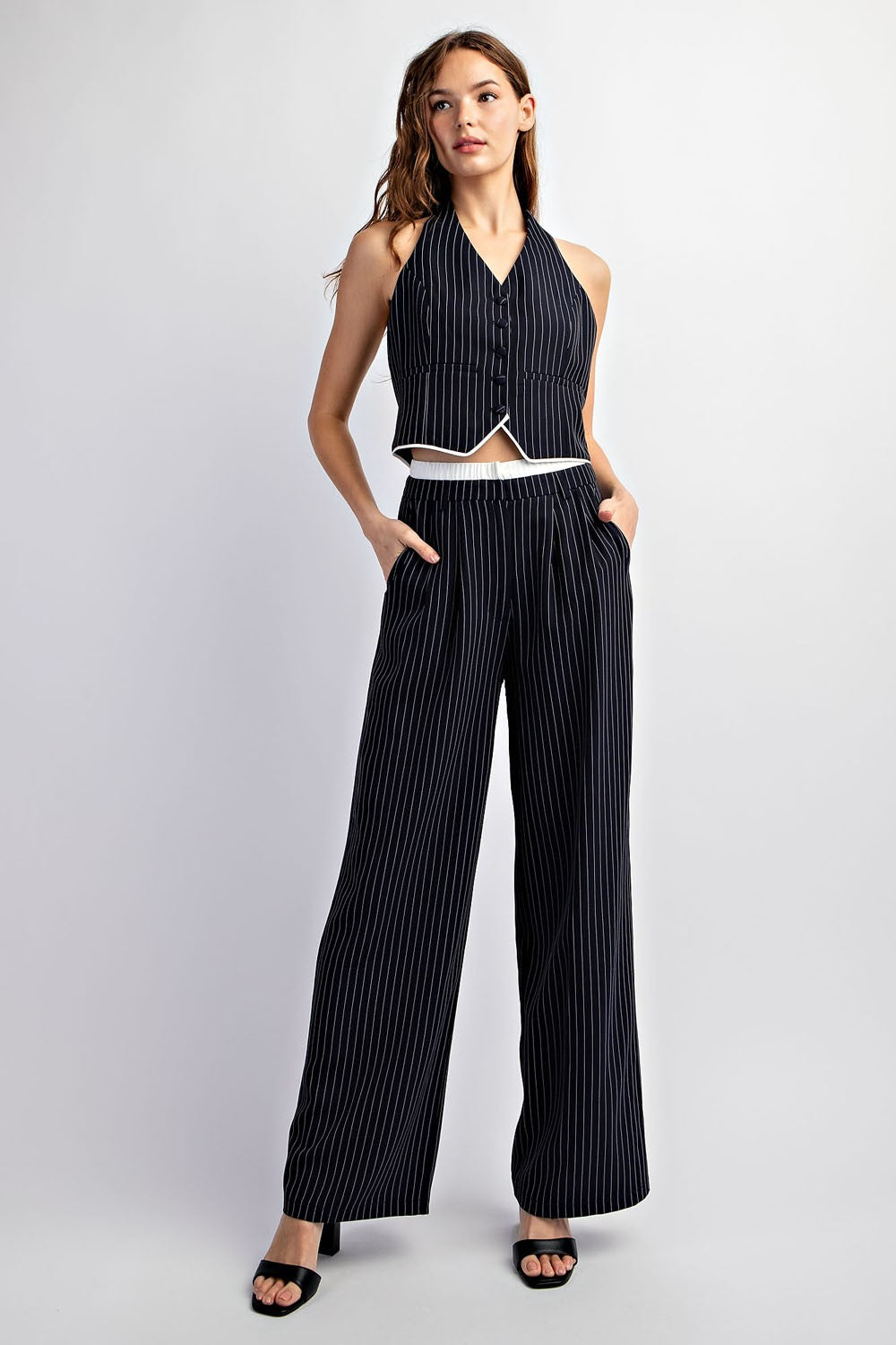 PINSTRIPED WOVEN TAILORED TROUSERS
